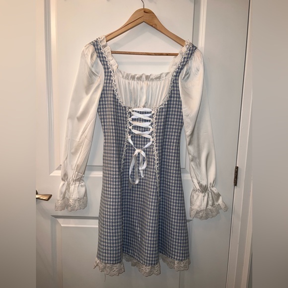 Modakawa Lace Up Plaid Ruffle Square Neck Dress - Picture 1 of 2